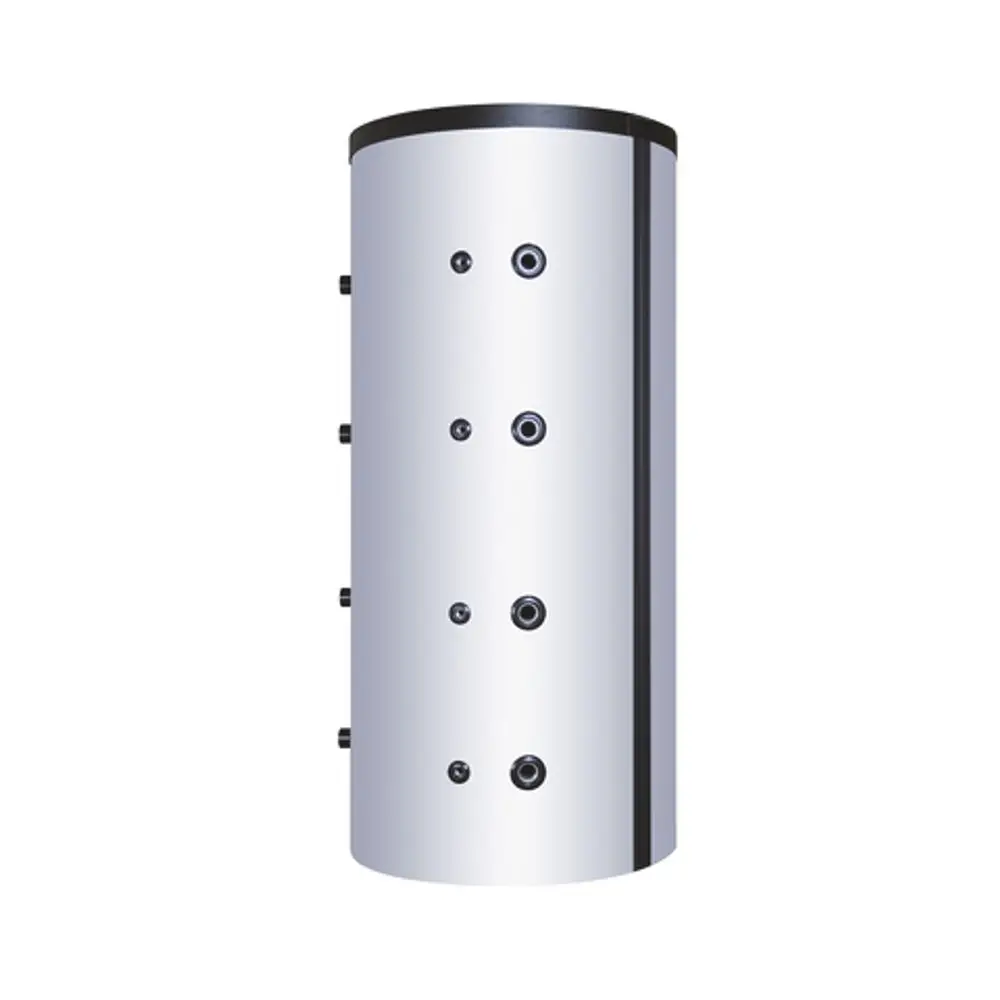 Roth Trennspeicher mit zylindrischer Form und mehreren Anschlussöffnungen auf der Oberfläche, in metallischer Optik.